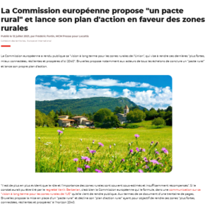 Article de Presse : La Commission européenne propose « un pacte rural » et lance son plan d’action en faveur des zones rurales